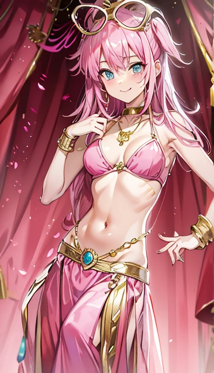A smug narcissistic pink haired goddess wearing a pink bra and golden pants and lots of jewelry flaunting herself