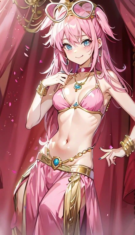 A smug narcissistic pink haired goddess wearing a pink bra and golden pants and lots of jewelry flaunting herself