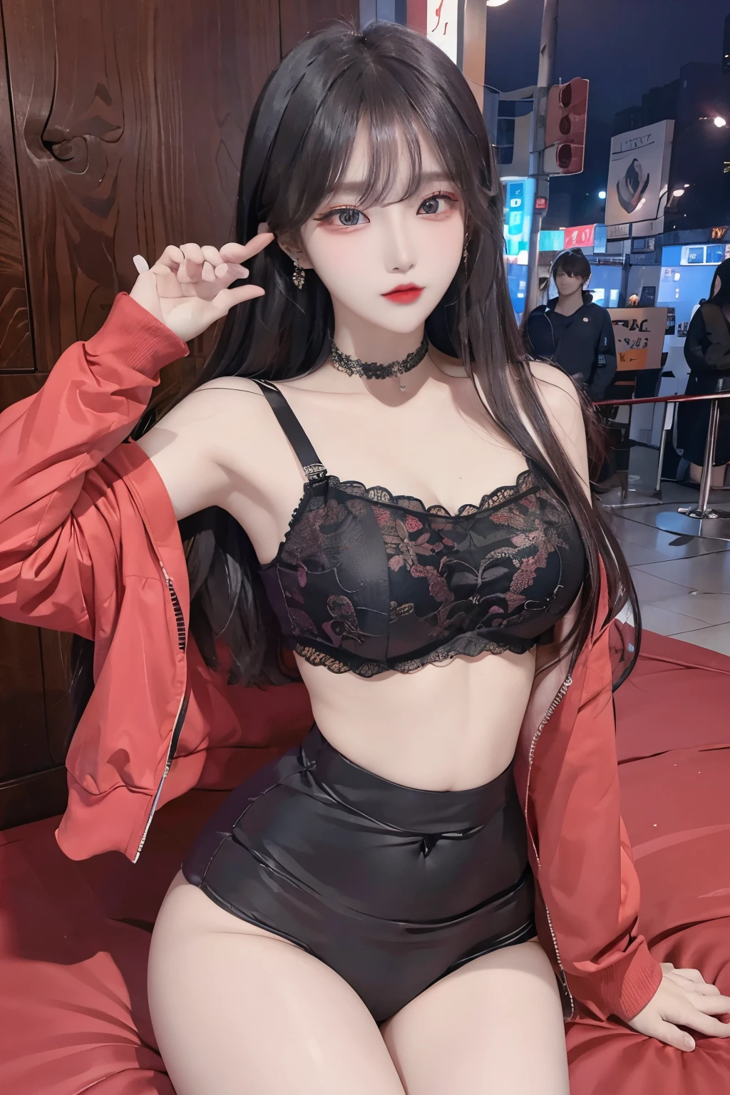 Top image quality、Raw photography、A high resolution、20-year-old cool Korean、big round chest、silk jacket、sexy red lace underwear、Beautiful Eyes of Details、very elongated eyes、Beautiful eyelashes、Beautiful double eyelids、eyeshadows、long legs,medium thighs, beautiful eyes finely detailed、elongated eyes、long eyeslashes、Beautiful double eyelids、eyeshadows、earrings、shiny skin、 1 girl, solo, chuppy girl,