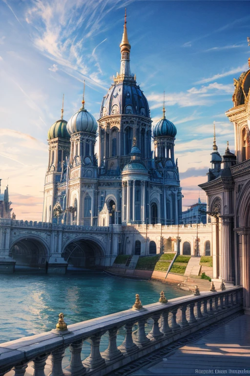 (masterpiece, best quality), coastal city, silver baroque buildings, 