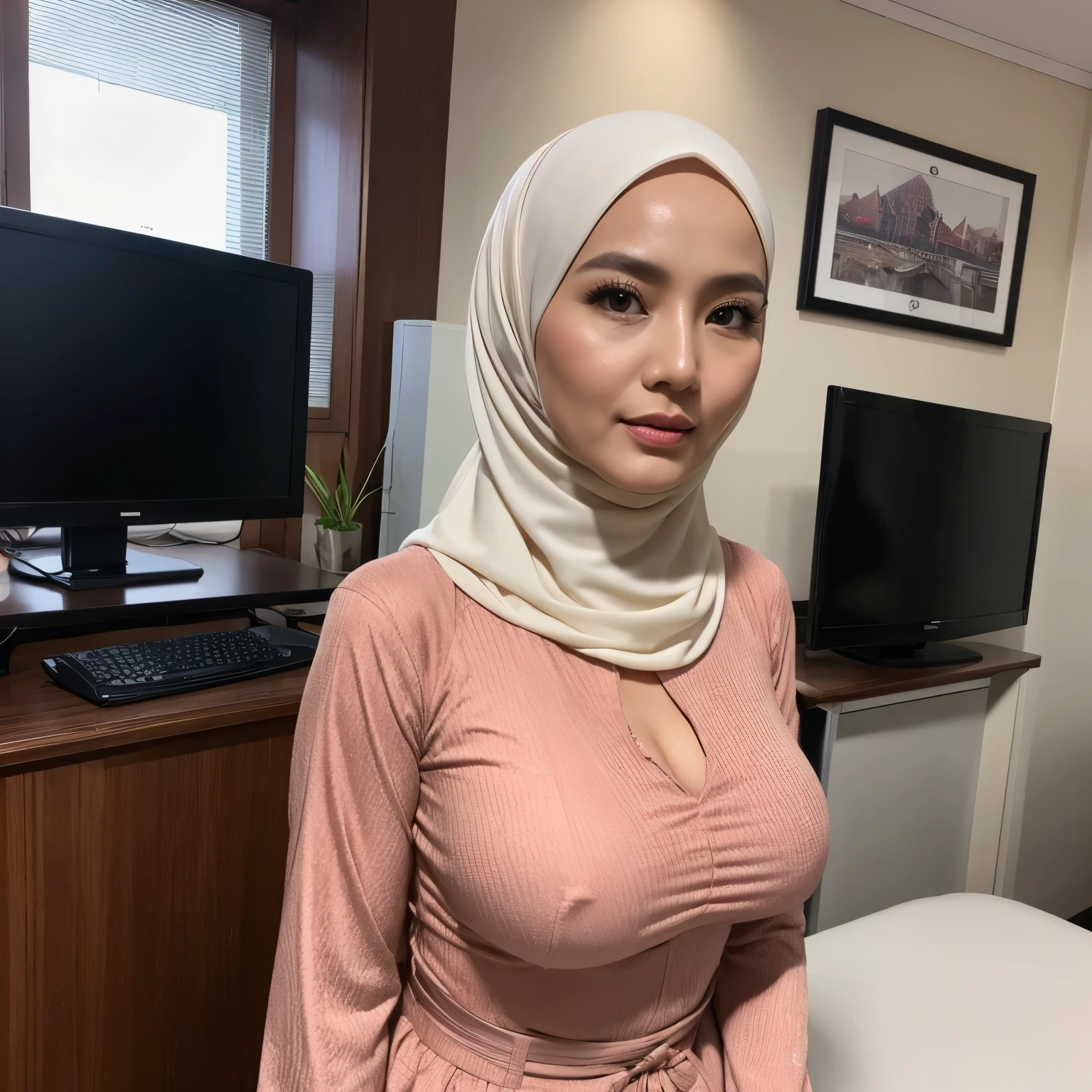 52 years Old, Hijab Indonesian mature woman, Fake Largest Tits, Fake Saggiest 196 inches, Gamis, Slim body, at doctor office, Dark light, at Daytime