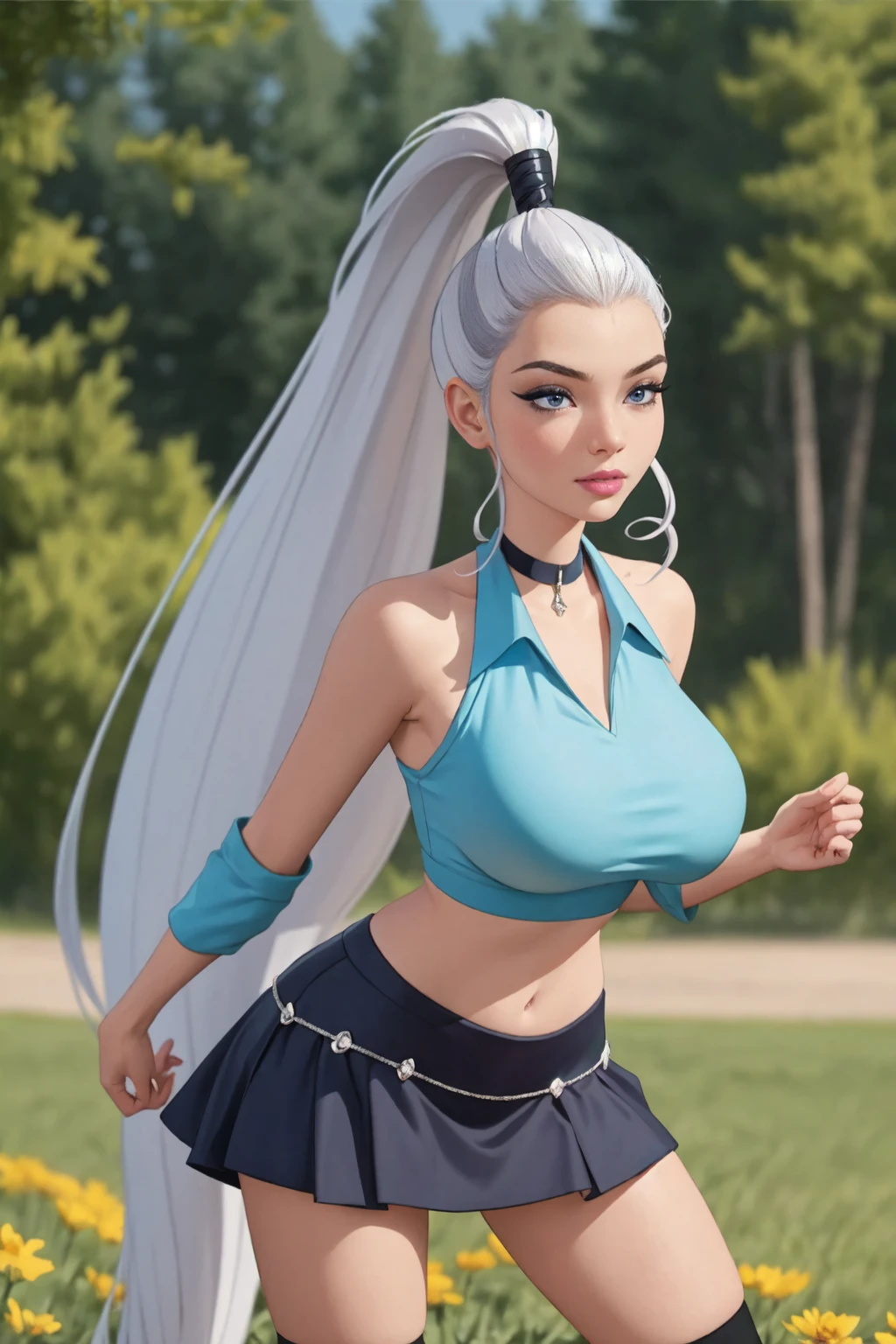 (ultra realistic,32k, masterpiece:1.2),(highly detailed skin:1.1),( high quality:1.1),
icy,one eye is closed,(mascara, long eyelashes:1.1) Blue eyes, White hair, ponytail, very long hair, black shirt, long sleeves, black skirt, white knee socks,Summer conditions on the field, full of bright flowers, blurred background,,,(I look at the viewer, standing from below:1.1),, (huge breasts,big breasts:1.1),(iridescence:1.1),