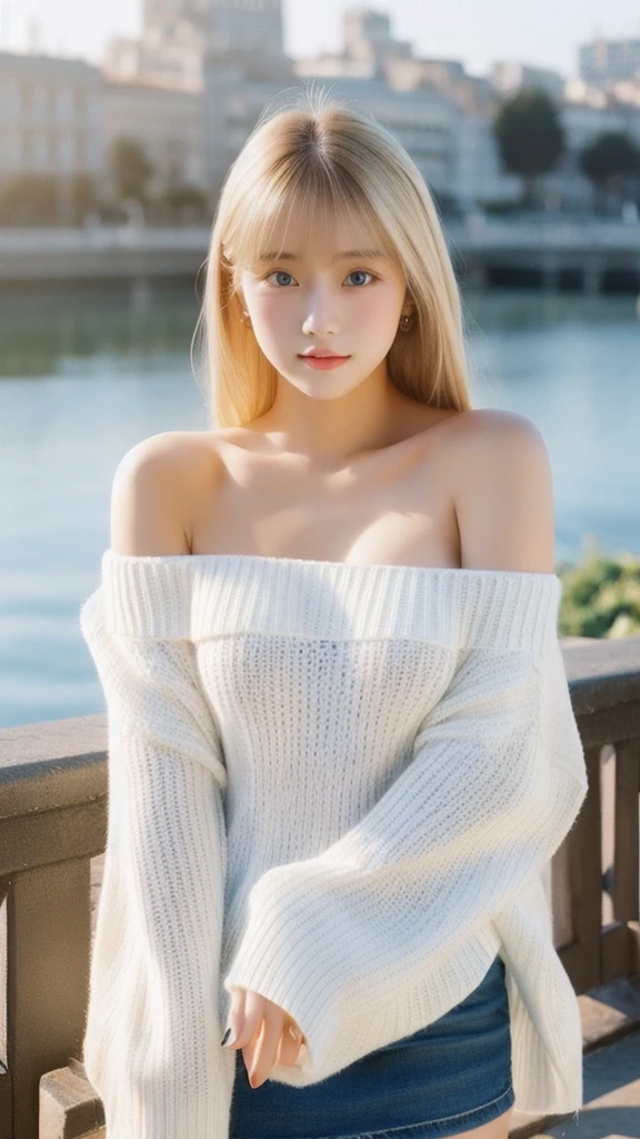plein air、Swaying bangs、The ultimate beauty of 19 years old、a miniskirt、Glossy white beautiful skin、Sexy and very beautiful good looks、Very cute face with ultimate beauty、Super long platinum blonde hair、Big blue eyes with radiant transparency、off shoulder sweater、large full breasts、korean young girl, full body