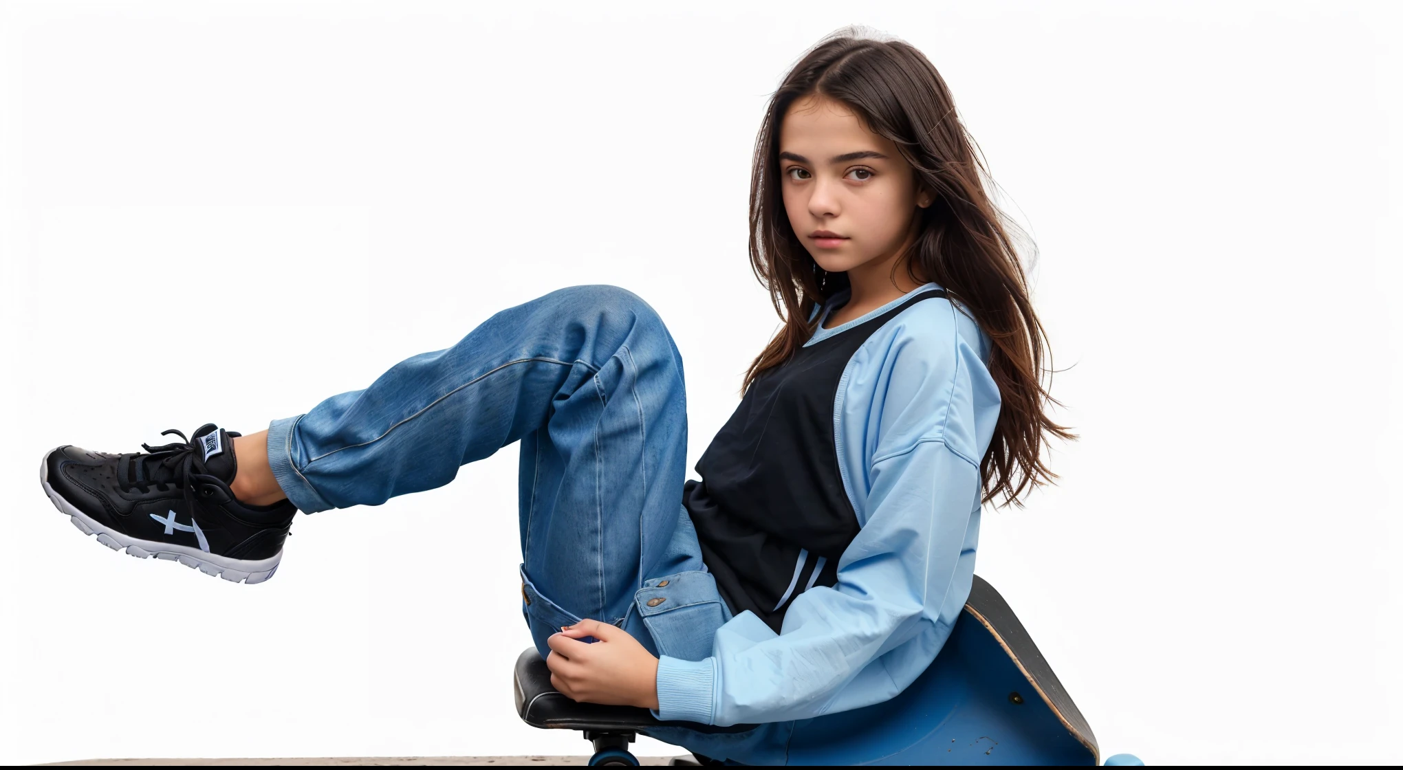 arafed girl in a blue dress and black shoes sitting on a skateboard, of a posing, young teen, girl wearing uniform, teenage female , isabela moner, young girl, orazio gentileschi style, casual pose, dafne keen, gorgeous young model, cute young girl, valentina remenar, anna nikonova
