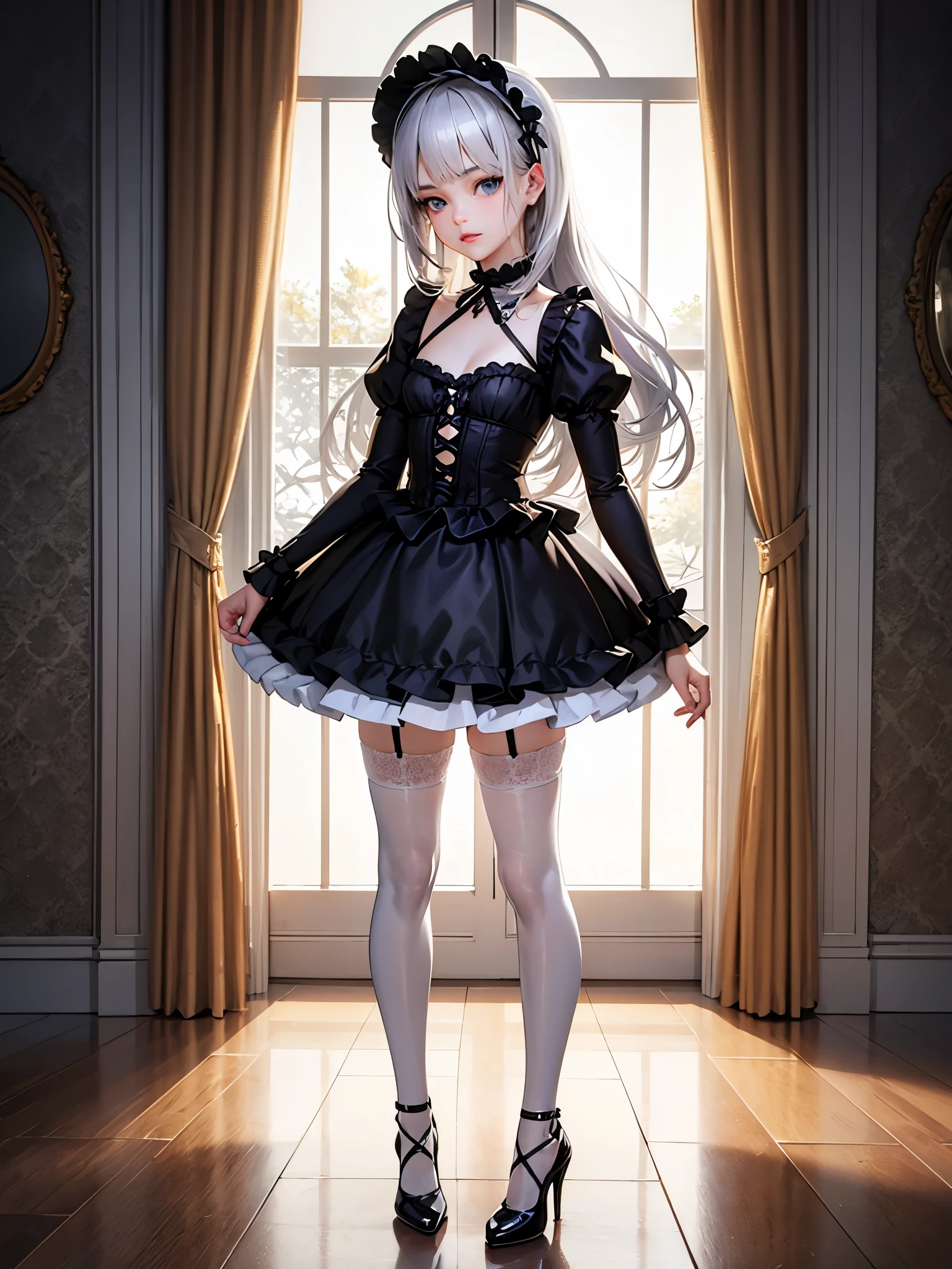 highest quality,In 8K,High resolution,((master piece:1.2)),(Photoreal:1.4), (masterpiece, side light, exquisite beautiful eyes: 1.2), masterpiece*portrait, realistic, 3D face, shining eyes, shiny hair, Glossy skin,alone,full body portrait,standing position,A very beautiful and cute 16 year old girl,attractive oval face,double eyelid,deep blue eyes,rosy lips,small nose,bright silver hair,straight long hair,slender body,small breasts,black gothic lolita style dress(Lots of luxurious frills and delicate lace),panniers,white stockings,garter belt