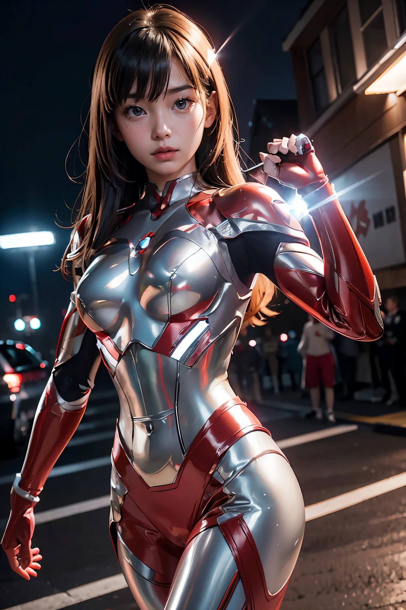 Ultraman、realistic、realistic、cinematic lighting, Girl in a shiny red and silver suit、15 years old、professional photos、Don&#39;Do not expose your skin, japanese model, japanese cgi、Ultraman Suit、, Power Rangers Suit、tight and thin cyber suit,Whole body rubbery、There&#39;s pink There、 delicate body, big breasts、small ass、thin thighs、thin arms、thin waist、camel toe、Both sides of the cyber suit stick to the skin、Big eyes、black short hair、facing the front、facing the front立っている、A glowing sphere is embedded in the chest.、Essay Examination、 blue sky background