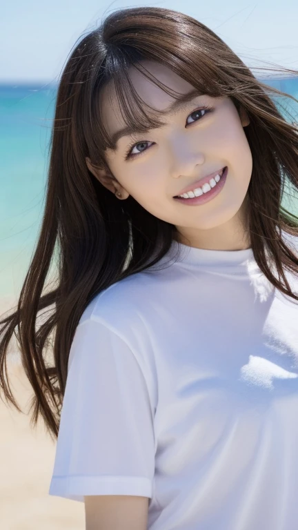 (Highest Resolution, 4K, masterpiece: 1.3), Japanese women, A photo of a woman, sexy: 1.1, Beautiful Eyes,Symmetrical eyes,Big eyes, Slim figure, Realistic teeth, double eyelid, (whole body:1.3), highest quality, detailed, Long Hair, Hair blowing in the wind、White T-shirt、Micro Mini, Beach,Beauty、cute、Laughter