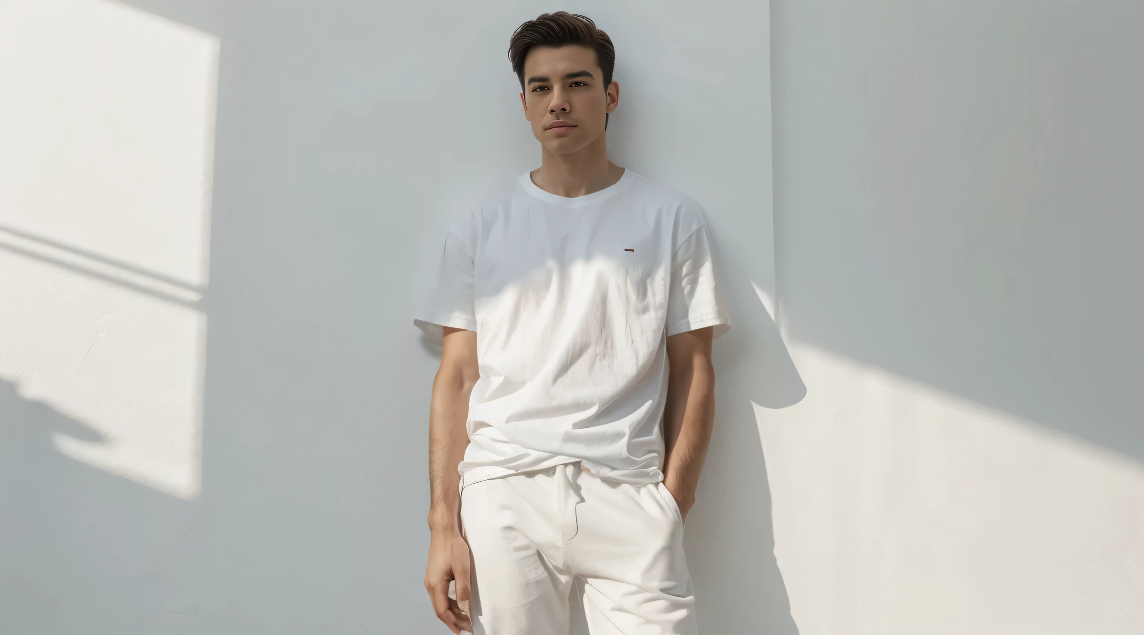 a man in white pants and a white t - shirt stands with relax pose, concept art inspired by Ralph Earl, featured on reddit, renaissance, white pants, wearing white clothes, man in white t - shirt, all white, wearing pants and a t-shirt, dressed in a white t-shirt, dressed in a white t shirt, white clothes