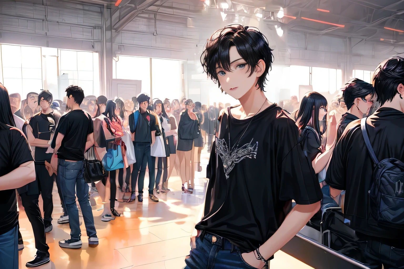 A young male,Black short hair,Black T-shirt,Blue Jeans,Look at the audience