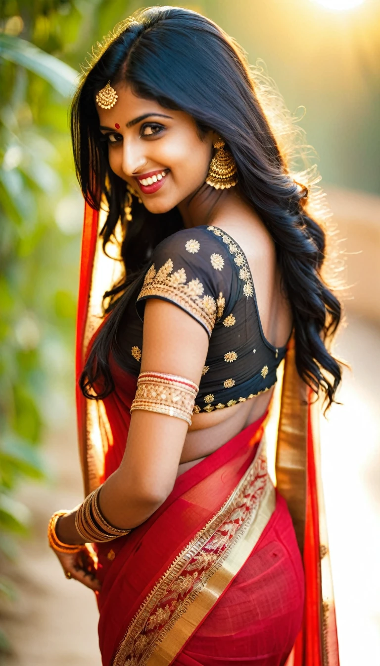 A 21-year-old Indian lady with long, flowing black hair cascading down her back, her olive skin glowing under the golden sunlight, a seductive smile playing on her lips, her eyes sparkling with mischief, wearing a figure-hugging red saree that accentuates her curves, her slender fingers adorned with intricate henna designs, Photography, DSLR camera with a 50mm prime lens, shallow depth of field to blur the background and focus on her captivating beauty,