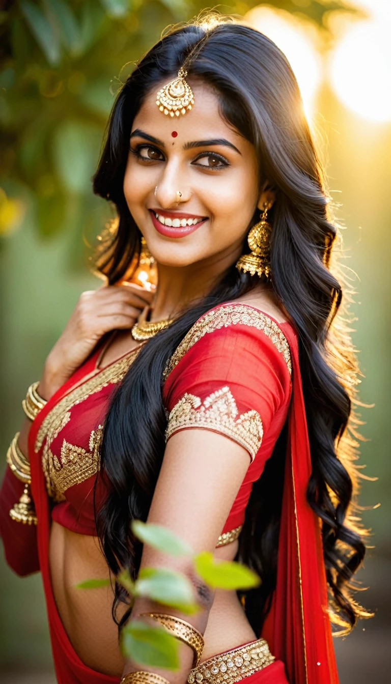 A 21-year-old Indian lady with long, flowing black hair cascading down her back, her olive skin glowing under the golden sunlight, a seductive smile playing on her lips, her eyes sparkling with mischief, wearing a figure-hugging red saree that accentuates her curves, her slender fingers adorned with intricate henna designs, Photography, DSLR camera with a 50mm prime lens, shallow depth of field to blur the background and focus on her captivating beauty,