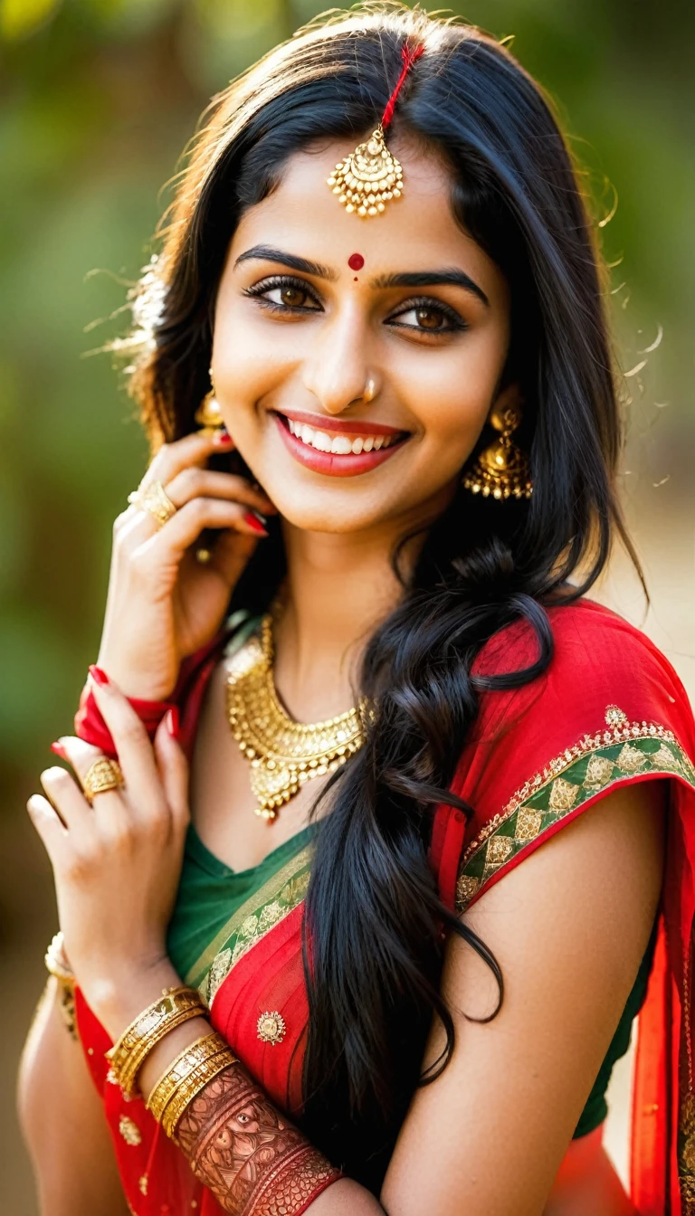 A 21-year-old Indian lady with long, flowing black hair cascading down her back, her olive skin glowing under the golden sunlight, a seductive smile playing on her lips, her eyes sparkling with mischief, wearing a figure-hugging red saree that accentuates her curves, her slender fingers adorned with intricate henna designs, Photography, DSLR camera with a 50mm prime lens, shallow depth of field to blur the background and focus on her captivating beauty,