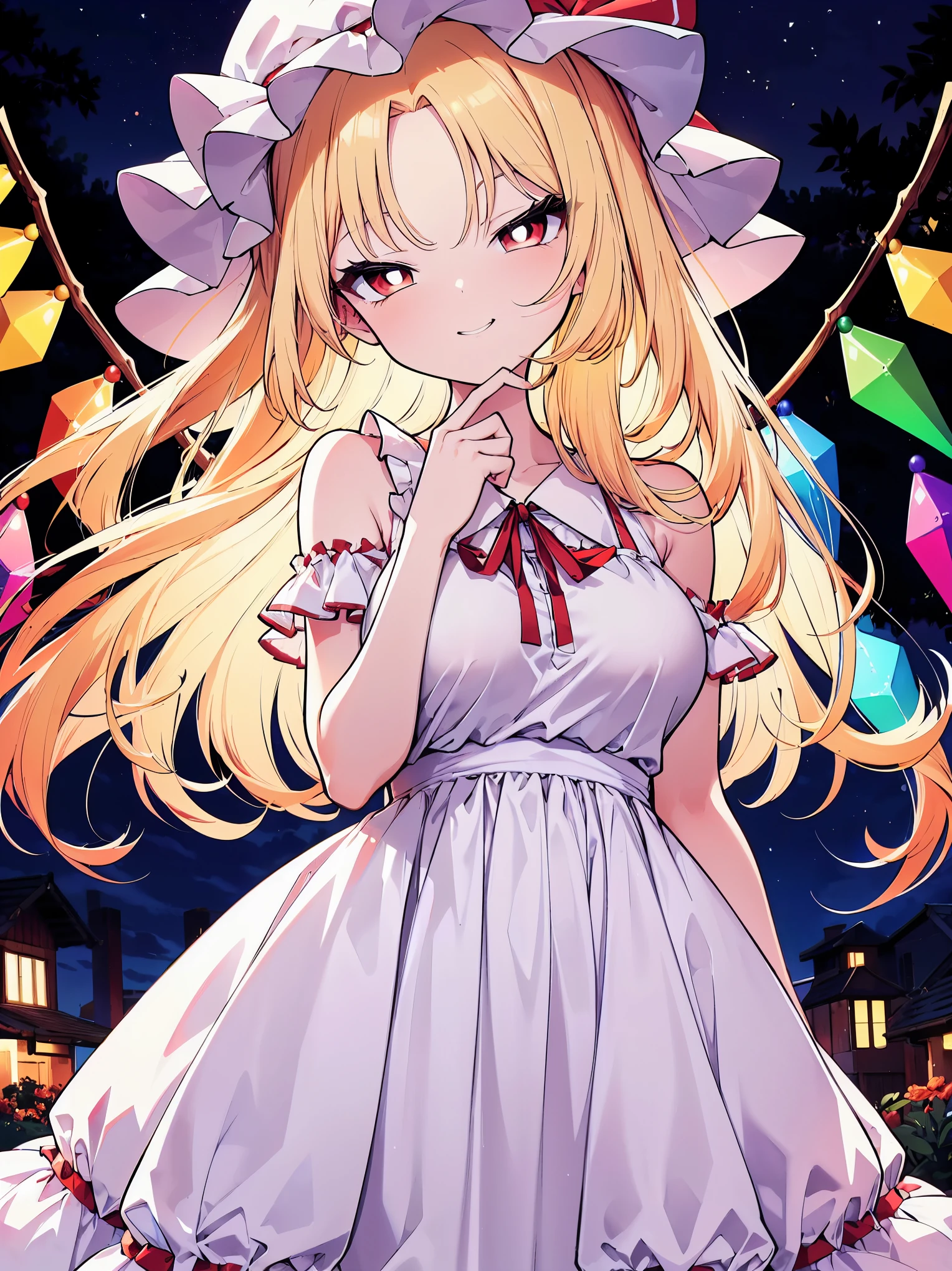 (cowboy shot), (colorful:1.1), vibrant color, (ultra-high resolution, depth of field:1.2), Touhou project, (Flandre scarlet), (1woman), in her 20s, (big breasts), (red eyes), white pupils, glowing eyes, (blonde hair), long hair, (forehead), (bangs), red ribbon, (white sundress:1.4), (wearing a white sundress), frills, off shoulders, (long skirt), (grinning), squinting eyes, head slightly tilting to the side, garden scenery, night