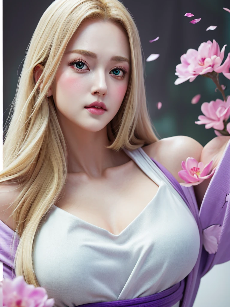 (masterpiece), best quality, 1girl, looking at viewer, (sion)\(shippuden\), parted lips, wind lift, bottomless, Green white fabric ,blonde hair, long hair, purple eyes, solid eyes, big breast masterpiece, absurdres,sion\(naruto the movie ), 1girl, solo,mature female, off-shoulder oversized shirt, looking at viewer, (falling petals), perfect composition, detailed lips, big breast, beautiful face, body propotion, blush, (pink lips), long hair, purple eyes, soft gaze, super realistic, detailed, photoshoot, realistic face and body,martial art,