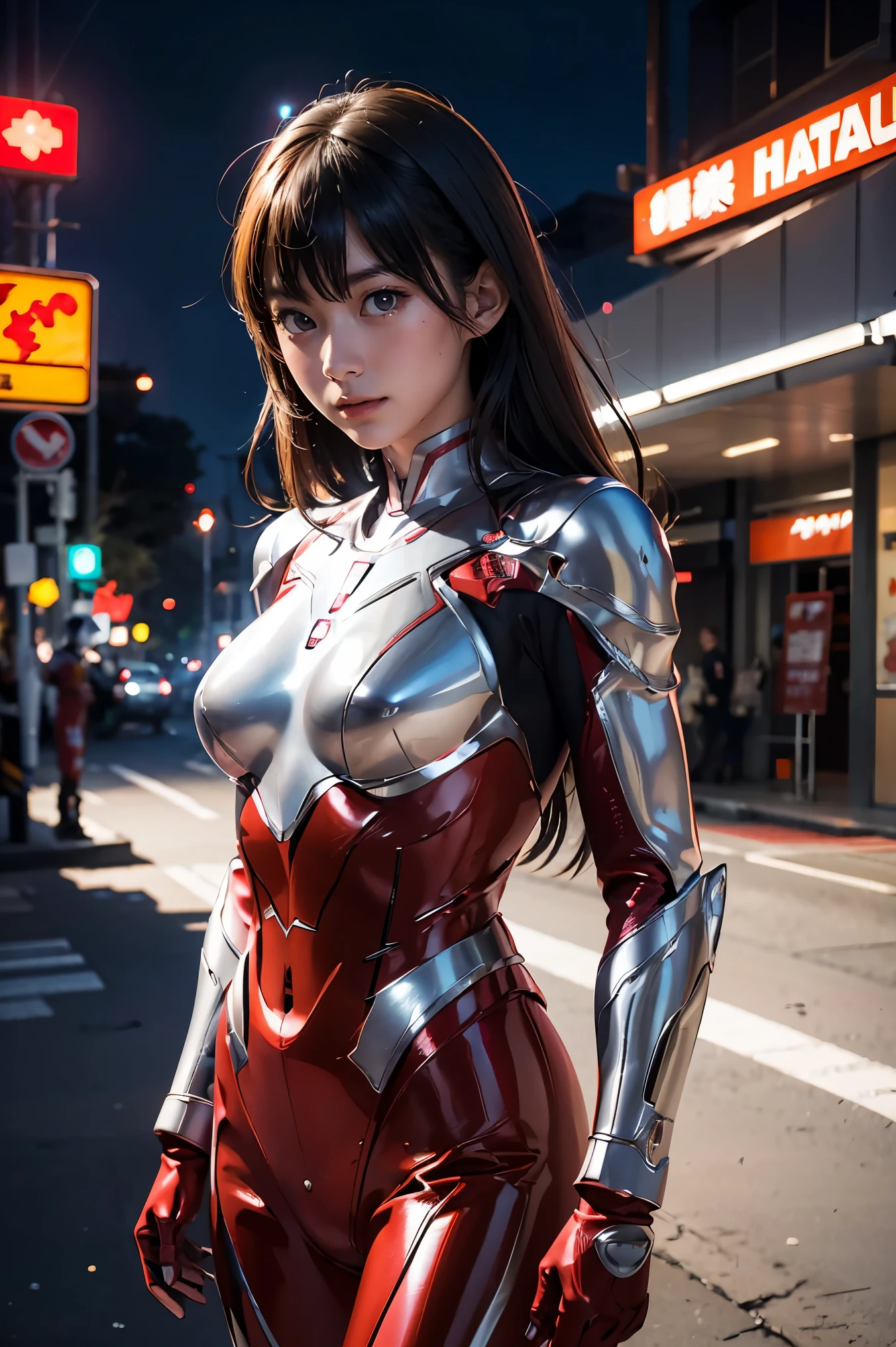 Ultraman、realistic、realistic、cinematic lighting, Girl in a shiny red and silver suit、15 years old、professional photos、Don&#39;Do not expose your skin, japanese model, japanese cgi、Ultraman Suit、, Power Rangers Suit、tight and thin cyber suit,Whole body rubbery、There&#39;s pink There、 delicate body, big breasts、small ass、thin thighs、thin arms、thin waist、camel toe、Both sides of the cyber suit stick to the skin、Big eyes、black short hair、facing the front、facing the front立っている、A glowing sphere is embedded in the chest.、Essay Examination、 blue sky background