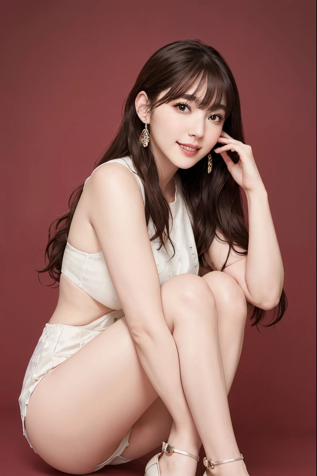 8K, From the top of your head to the soles of your feet, Looking at the viewer with open arms, Beautiful and pretty legs, Wearing high heels, Big Breasts, Nice body, Narrow waist, Raise your bangs to show your forehead,A beautiful and cute face that everyone likes, highest quality, Detailed and beautiful eyes, Rosy, shiny lips, beautiful long chestnut hair, White skin, whole body, masterpiece, Thick eyebrows, Ultra-high resolution, Realistic, Very detailed, Professional lighting smile, A shy smile、White teeth、Dark eyeliner