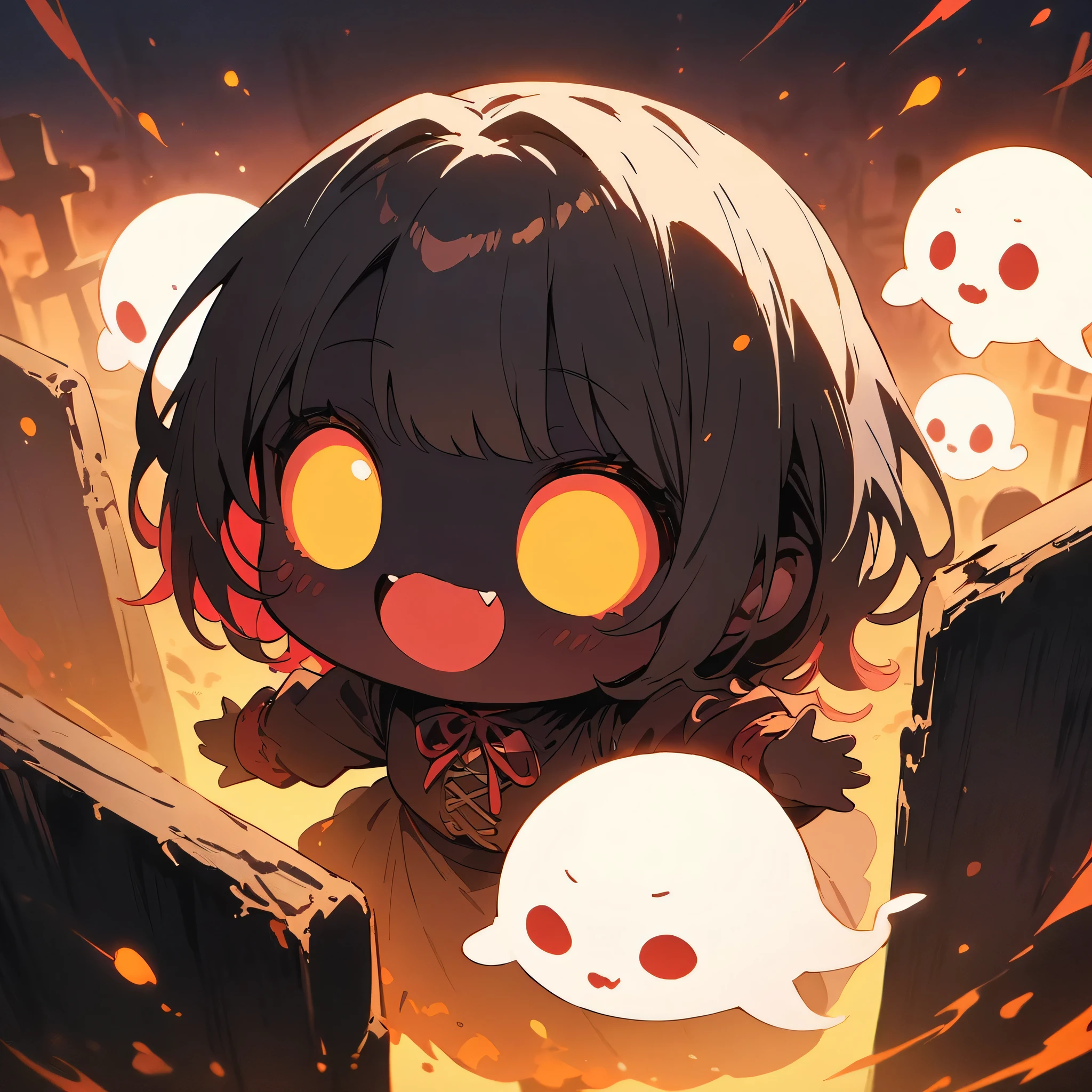 (masterpiece, highest quality:1.4), Cinematic Light, colorful, High Contrast, Western Cemetery, night, (Horror (theme):1.2), (Cute Chibi Monsters:1.2), (Cute little ghost:1.3)、dark、(highest quality、masterpiece、High resolution、detailed)、anime style、Flat Style、 BREAK,extremely detailed、anime