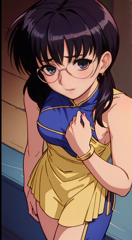 8k, Tabletop, RAW Photos, highest quality, Realistic, Highly detailed CG Unity 8k wallpaper, Depth of written boundary, Cinematic Light, Lens flare, Ray Tracing, (Very beautiful face, Beautiful Lips, Beautiful Eyes), Exquisitely detailed face, ((Highly detailed skin)) One Girl, In the Dark, Deep Shadow, , (Very slim and slender fit muscular body:1.3), ((View your viewers)),(), (Blurred Background),(No people in the background:1.3), Beautiful earrings, bracelet, pantyhose, Clear Eyes, walking, (Pale skin), (Big eyes), Look forward, (Brown Hair), (Full Body Shot), ((Blue Chinese Dress:1.3)), ((Perfect fit)), , (View your viewers:1.3) Open chest, Very slim, Medium chest, Backtrack, (Buckshot), focusing, In front of eyebrows,(Tight Dress), Thick thighs,Frameless Glasses,Beautiful ponytail,