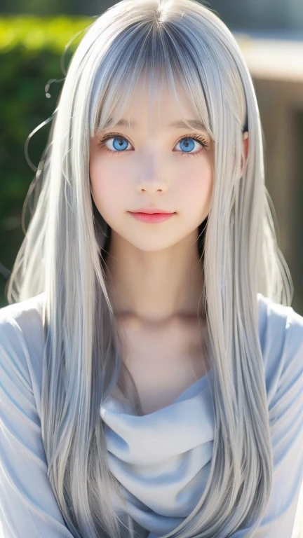 The Shining, clear, White skin、Her windswept silver hair hides her beautiful face.、Huge、28 years old、Cute sexy little beautiful face、Beautiful straight hair that stands out、growing up, light blue eyes shimmering、long silky bangs that cover cute eyes, Sexy and cute young woman with super long hair hiding her sexy face、The Shining silver hair