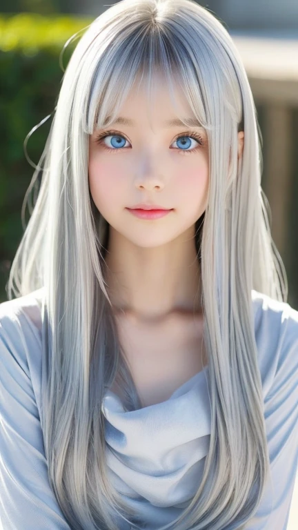 The Shining, clear, White skin、Her windswept silver hair hides her beautiful face.、Huge、28 years old、Cute sexy little beautiful face、Beautiful straight hair that stands out、growing up, light blue eyes shimmering、long silky bangs that cover cute eyes, Sexy and cute young woman with super long hair hiding her sexy face、The Shining silver hair