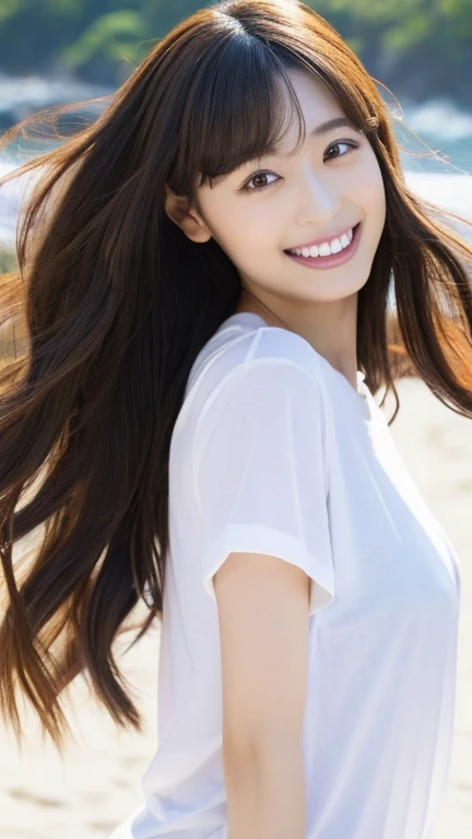 (Highest Resolution, 4K, masterpiece: 1.3), Japanese women, A photo of a woman, sexy: 1.1, Beautiful Eyes,Symmetrical eyes,Big eyes, Slim figure, Realistic teeth, double eyelid, (whole body:1.3), highest quality, detailed, Long Hair, Holding hair fluttering in the wind with your hands、White T-shirt、T-shirts that are tight against the skin、bikini, Beach,Beauty、cute、Laughter