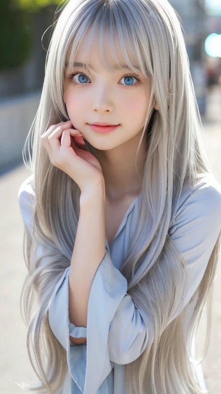The Shining, clear, White skin、Her windswept silver hair hides her beautiful face.、Huge、28 years old、Cute little beautiful face、Beautiful straight hair that stands out、growing up, light blue eyes shimmering、long silky bangs that cover cute eyes, Sexy cute young woman with super long hair hiding her sexy facper Long Silver Hair