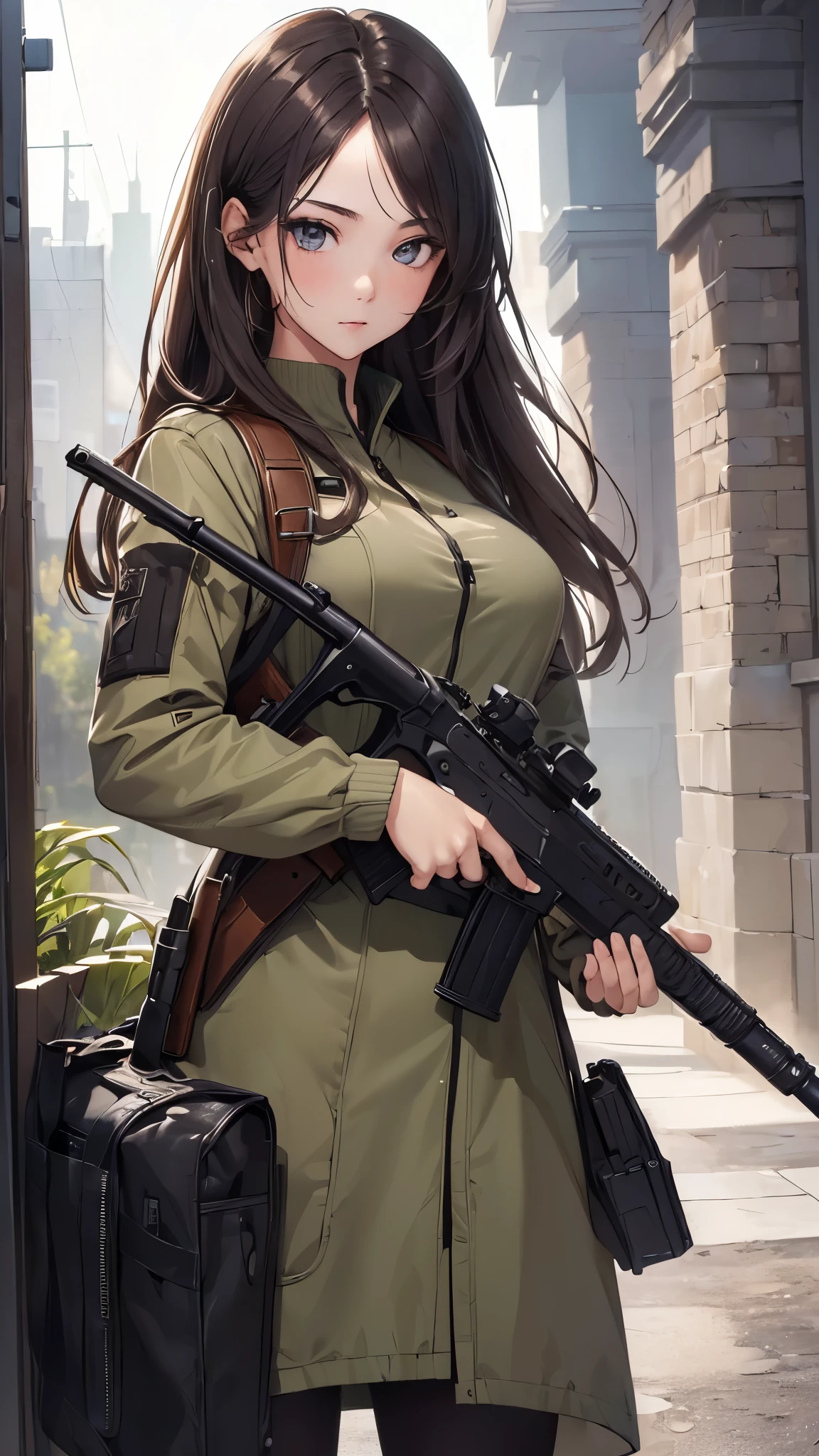 (((masterpiece))),(((High resolution)))、(((8K)))、(((perfect face)))、(((girl having a assult rifle)))、25 years old, look at the camera, ((top quality eyes)), (top quality face), detailed texture
