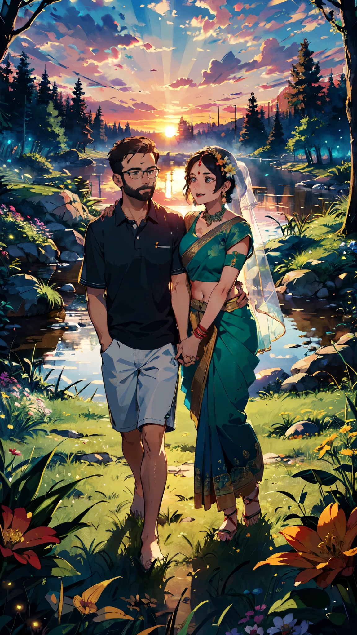 beautiful sunset, hindu temple, newly married south indian couple in traditional saree and doti outfit, decorative flower garland in thier neck, BREAK (masterpiece, best quality:1.2), outdoors, nature, forest, pines, grass, tall grass, detailed grass, plants, day, clouds, flower 