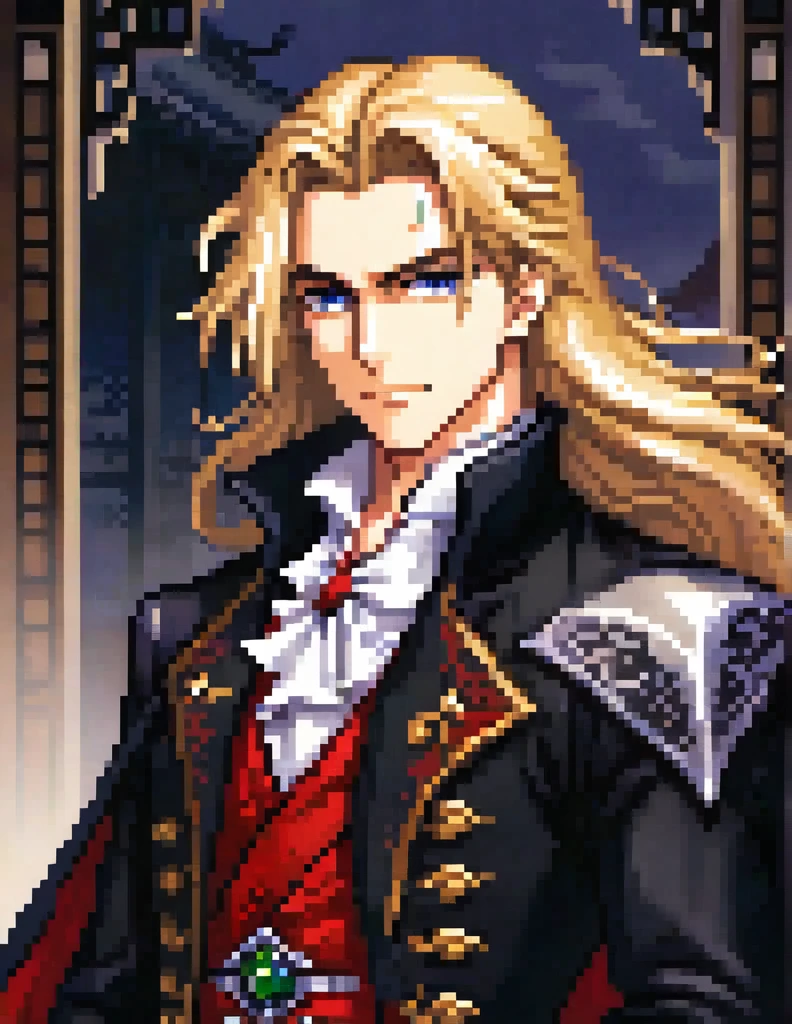 Prompt:
Generate an image running frames, of a physically young man with long blond hair. His most recurring attire is from Castlevania: Symphony of the Night, which, according to the game's setting, consists of 18th-century-style clothing. He wears a black jacket with side seams held together by four square brooches running vertically down, along with a belt. Around his neck, he wears a large white cravat. Over the jacket, he dons a long overcoat with a decorative pattern.
In addition to his clothing, he also wears a cape resembling that of Bela Lugosi. The weapon he commonly wields is the Sword, a family heirloom from his mother.
Create the image in a Bishōnen artistic style.