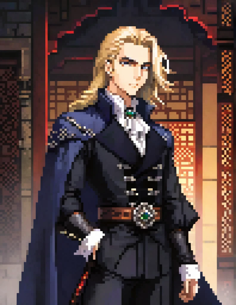 Prompt:
Generate an image running frames, of a physically young man with long blond hair. His most recurring attire is from Castlevania: Symphony of the Night, which, according to the game's setting, consists of 18th-century-style clothing. He wears a black jacket with side seams held together by four square brooches running vertically down, along with a belt. Around his neck, he wears a large white cravat. Over the jacket, he dons a long overcoat with a decorative pattern.
In addition to his clothing, he also wears a cape resembling that of Bela Lugosi. The weapon he commonly wields is the Sword, a family heirloom from his mother.
Create the image in a Bishōnen artistic style.