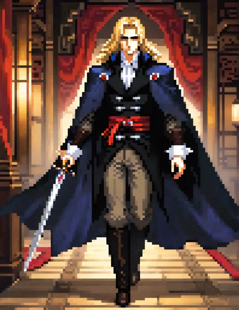 Prompt:
Generate an image running frames, of a physically young man with long blond hair. His most recurring attire is from Castlevania: Symphony of the Night, which, according to the game's setting, consists of 18th-century-style clothing. He wears a black jacket with side seams held together by four square brooches running vertically down, along with a belt. Around his neck, he wears a large white cravat. Over the jacket, he dons a long overcoat with a decorative pattern.
In addition to his clothing, he also wears a cape resembling that of Bela Lugosi. The weapon he commonly wields is the Sword, a family heirloom from his mother.
Create the image in a Bishōnen artistic style.