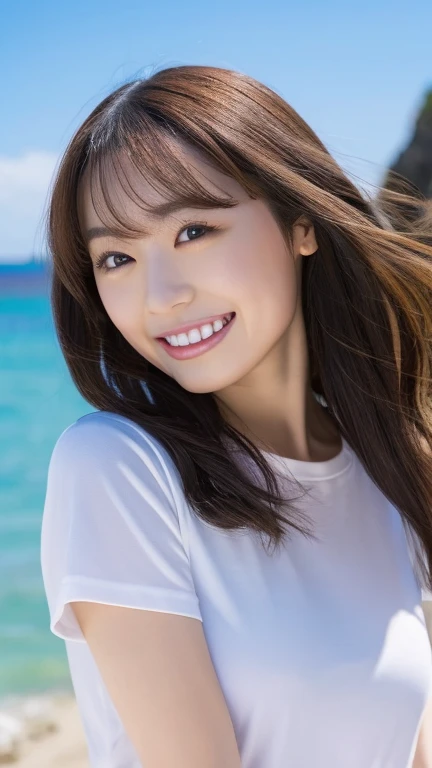 (Highest Resolution, 4K, masterpiece: 1.3), Japanese women, A photo of a woman, sexy: 1.1, Beautiful Eyes,Symmetrical eyes,Big eyes, Slim figure, Realistic teeth, double eyelid, (whole body:1.3), highest quality, detailed, Long Hair, Holding hair fluttering in the wind with your hands、White T-shirt、Small T-shirt、((bikini)), Beach,Beauty、cute、Laughter、((whole body:1.3))