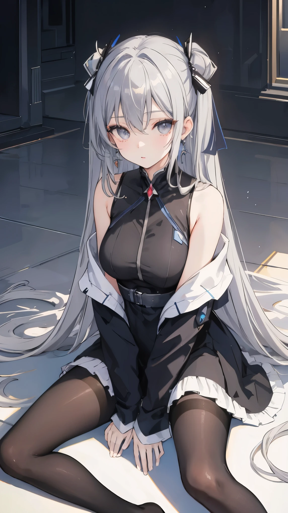 (Masterpiece), best quality, expressive eyes, perfect face, 1 girl, beautiful, gorgeous, anime, girl, lore, ph bronya, 1 girls, solo, earrings, long hair, gray hair, drill hair, gray eyes, pantyhose, w sitting, w sitting on the ground, legs on the ground, hands between thighs, arms between legs, arms between legs, hands between legs, hands between legs

