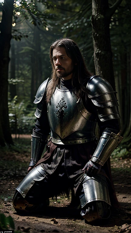 Forest at night, moonlight, Male medieval knight (ring mail), poor, ragged clothing, kneeling in front of medieval baron ((baron in full armor))