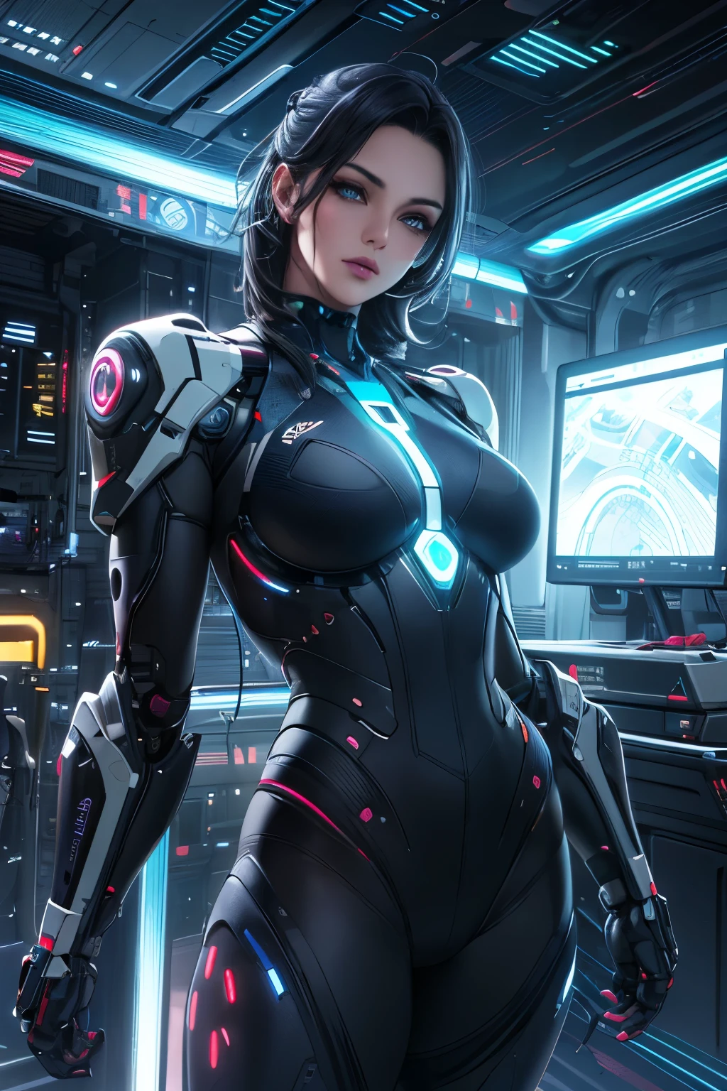 (best quality,4k,8k,highres,masterpiece:1.2),ultra-detailed,(realistic,photorealistic,photo-realistic:1.37),androids,Heavily stylized gorgeous scantily clad (Japanese:1.1) women,deep space exploration vehicle,neon lights,metallic surfaces,futuristic technology,shiny chrome,powerful engines,glowing energy pulsations,airy atmosphere,cosmic background,laser beams,curved lines,sharp contours,vibrant colors,stunning beauty,dynamic poses,sleek appearance,hidden weapons,posh interiors,advanced control panels,exquisite craftsmanship,floating particles,body modification,exotic hairstyles,artificial intelligence integration,perfect symmetry,mesmerizing eyes,fierce expressions,strategically positioned accessories,cybernetic enhancements,sci-fi concept artists,neon blue accents,luscious lips