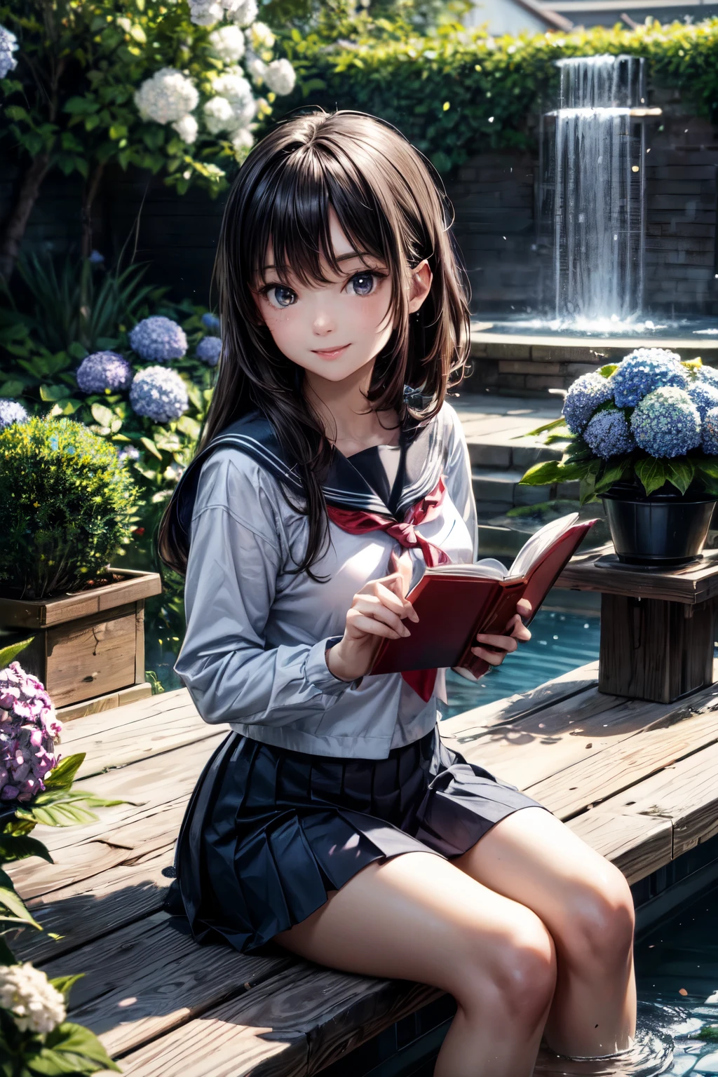 very cute and beautiful girl reading book,teen,(highly detailed beautiful face and eyes),
(smile:1.2),black hair,serafuku,pleated navy blue mini skirt,
sitting on wooden bench,dynamic angle,looking at viewer,
water fountain in garden,hydrangea,
(best quality,masterpiece),absurdres,highres,ultra-detailed,extremely detailed,32k,8k resolution,
intricate details,cinematic scene,detailed background,solo,dynamic angle,