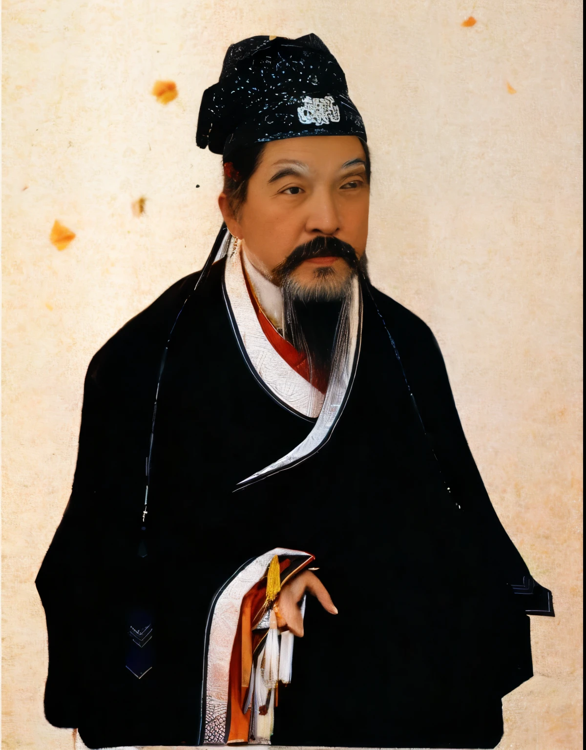 A bearded man、Portrait of a man wearing a black hat by Wen Tianxiang, inspired by Wu Daozi, feng shu, guangjian huang, tian zi, Confucius and Trial by Jury, yang qi, hua cheng, inspired by Zhang Shunzi, Emperor Xuande, xiang duan, qi sheng luo, Yuanyou, song nan li