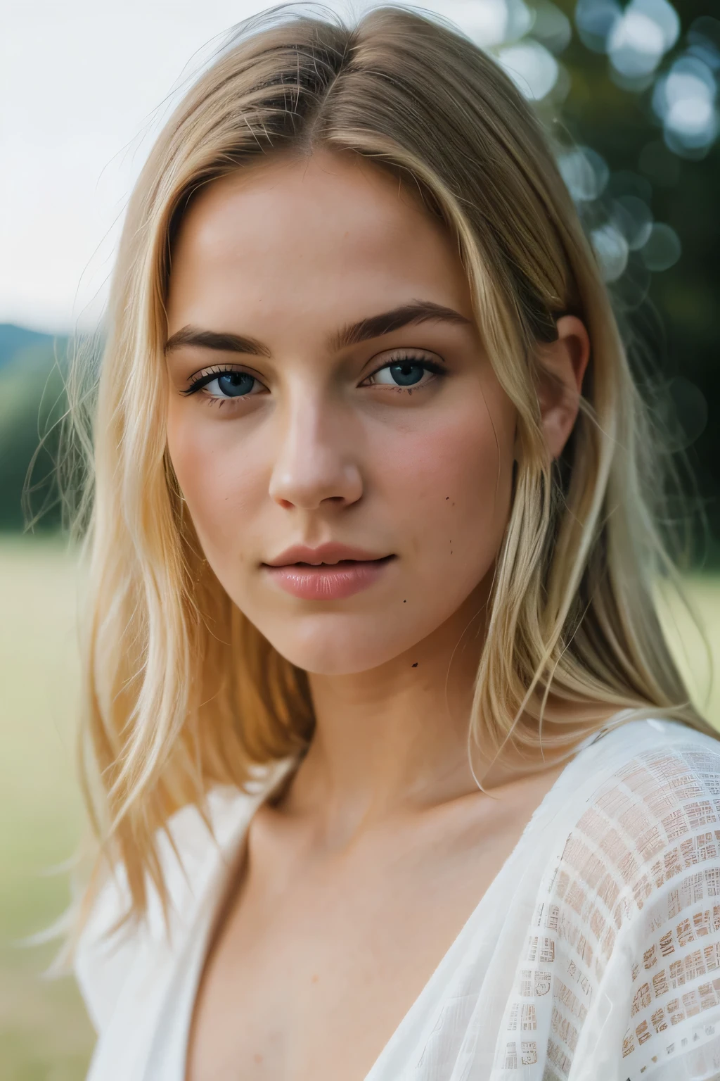 fille, ange, texture des pores de la peau, Cheveux blonds, HD , la photographie, film, cinematic, tout le corps, Realistic, (8k, Photo brute, best quality, chef-d&#39;artwork:1.2), (Realistic, photo-Realistic:1.33), best quality, blue detailed eyes, mignon,natural lighting, profondeur de champ, Grain du film, Wrinkled skin, pointu, detailed and Realistic portrait of a woman ,(taches de rousseur:0.5)