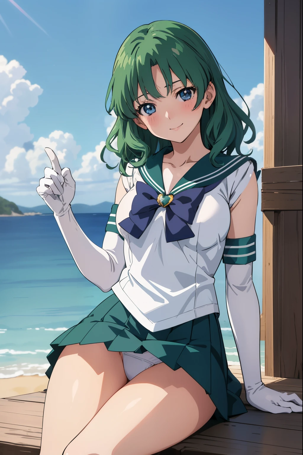 (anime:1.4), highest quality, masterpiece,Cowboy Shot,spread legs、show white panties,
One girl, Sailor Neptune, Mature Woman, Old age,Medium chest, Aqua Eye, Dark green hair, Medium Hair, (Sailor Warrior Uniforms:1.2), Buck Bow, White elbow gloves, Pleated skirt, View your viewers,blush, smile,Sitting