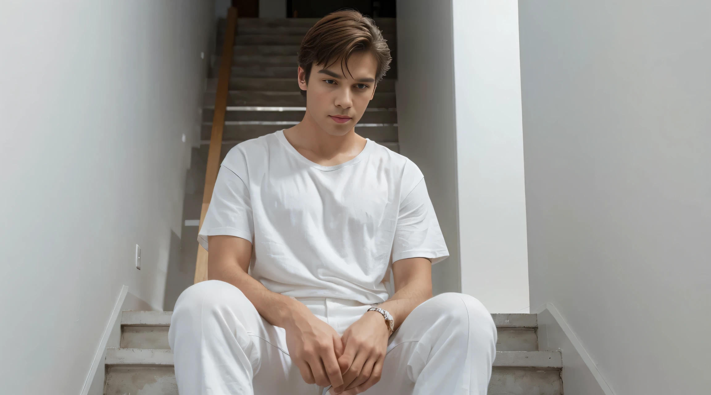 A man in white pants and a white t - shirt stands with sit on the stairs, concept art inspired by Ralph Earl, featured on reddit, renaissance, white pants, wearing white clothes, man in white t - shirt, all white, wearing pants and a t-shirt, dressed in a white t-shirt, dressed in a white t shirt, white clothes, dinamic composition, looking at the viewer