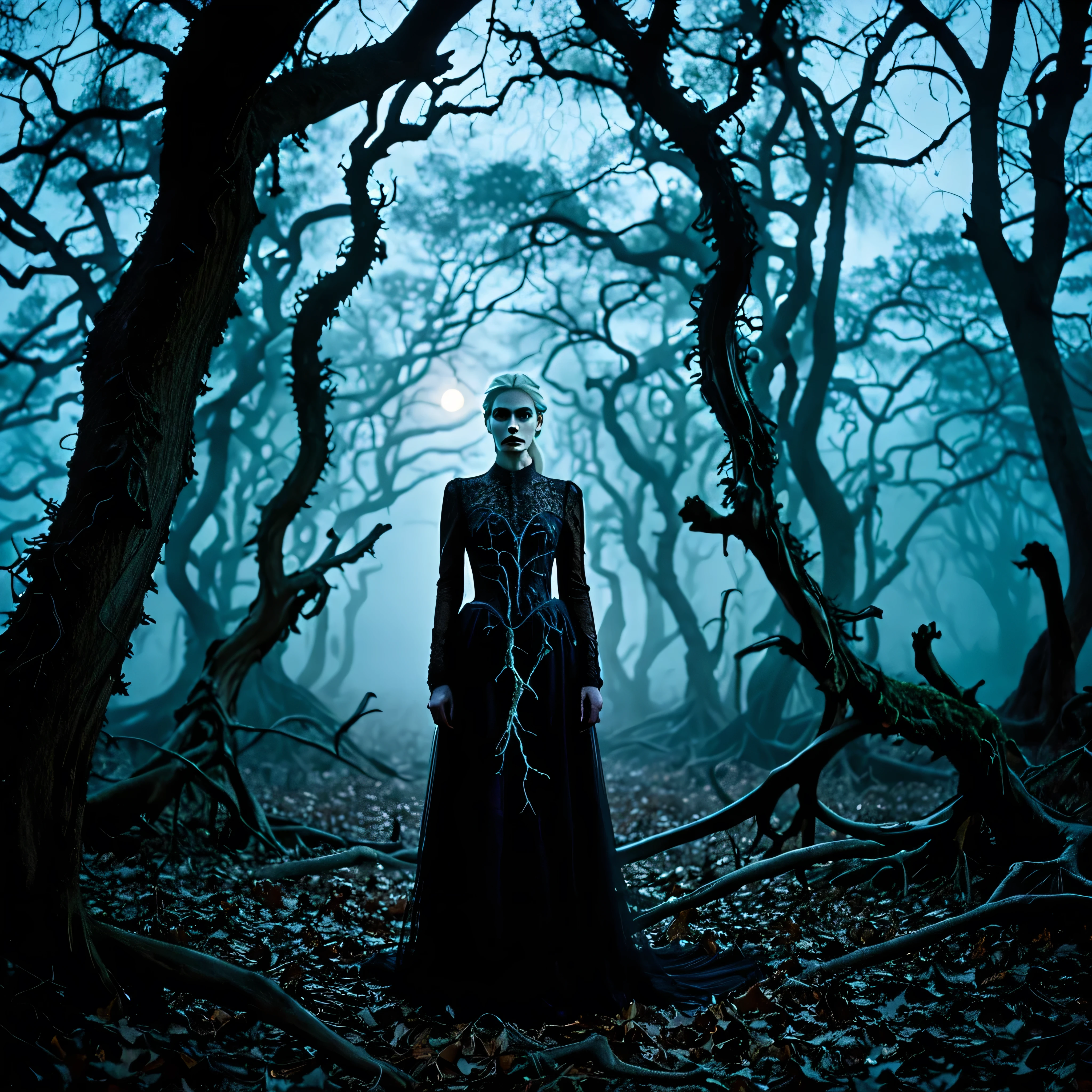 Under the ghostly glow of Elsa Bleda's moonlight, the haunted forest becomes a realm of nightmares, where Jovana Rikalo's ethereal style captures the surreal beauty of the sinister landscape. The trees loom overhead like ancient giants, their branches twisted into grotesque shapes that seem to reach out for unsuspecting travelers. With the Canon EOS 5D Mark IV and Canon EF 50mm f/1.4 USM, every chilling detail is rendered with haunting precision. Sinister shadows flicker and dance in the moonlight, while strange, ghostly figures flit between the trees, their eyes glowing with malevolent intent. In the distance, the poison swamp stretches out like a vast, black void, its depths shrouded in darkness and mystery.