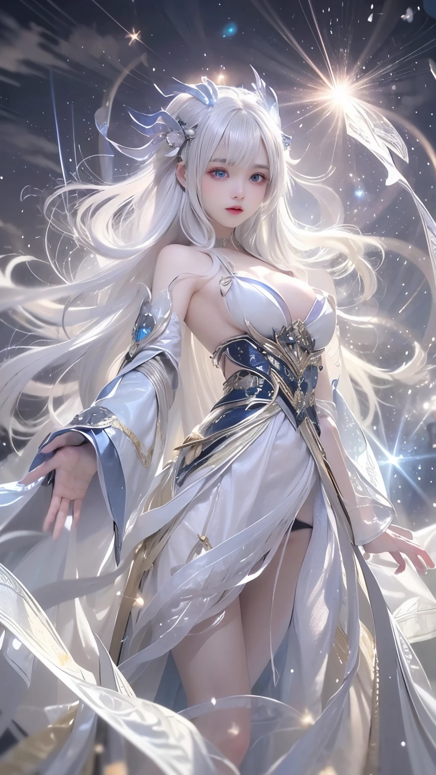 star,（White Hair Girl:1.5）,（（masterpiece））、（detailed：1.4）、((breast enhancement、Upper body photo、Close-up:1.1))、（Backlight）(Night scene、A fantastic atmosphere、Ancient capital、Amazing beauty images,One Woman、white dust、Light and dance-like、Suspended particles), (Black Costume、Feathered Robe with Sleeves、Clothing that widens towards the hem、Exposing shoulders、Off the shoulder)、（Gray hair that changes with light、length, Lustrous gray hair、WHITE hair fluttering in the wind、Beautiful Bangs:1.3）、（Beautiful white and shining skin、Cheek gloss highlight、Sexy and very beautiful and adorable face、The most beautiful face in the world、big, Sparkling blue eyes）、（Cute 25 year old girl、Ample breasts、Great cleavage and a tiny waist、Delicate shoulders、Balanced figure）、Woman in costume on stage、Whole body xylose, flowing robe,Angel&#39;s Feather Robe Wonderful Fantasy, elegant and charming cosplay、ru_qun
