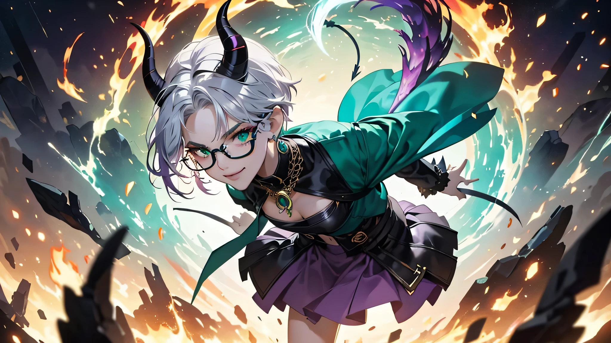 8k, masterpiece, best quality, highly detailed, 1girl, tiefling, warlock, solo, multicolored hair, very short straight hair green highlight hair on white hair, strippled hair, wearing glasses, earrings, necklace, navel piercing,  short skirts, mole, glamorous, teal and purple clothing, villainy, smirk, seductive pose, close ups view, rings, looking at viewer, standing, demon horns, demon tail, fantasy world, noon , forest, black and green coloured flames, burning scenario, casting fire spell, rounded glasses, fires.