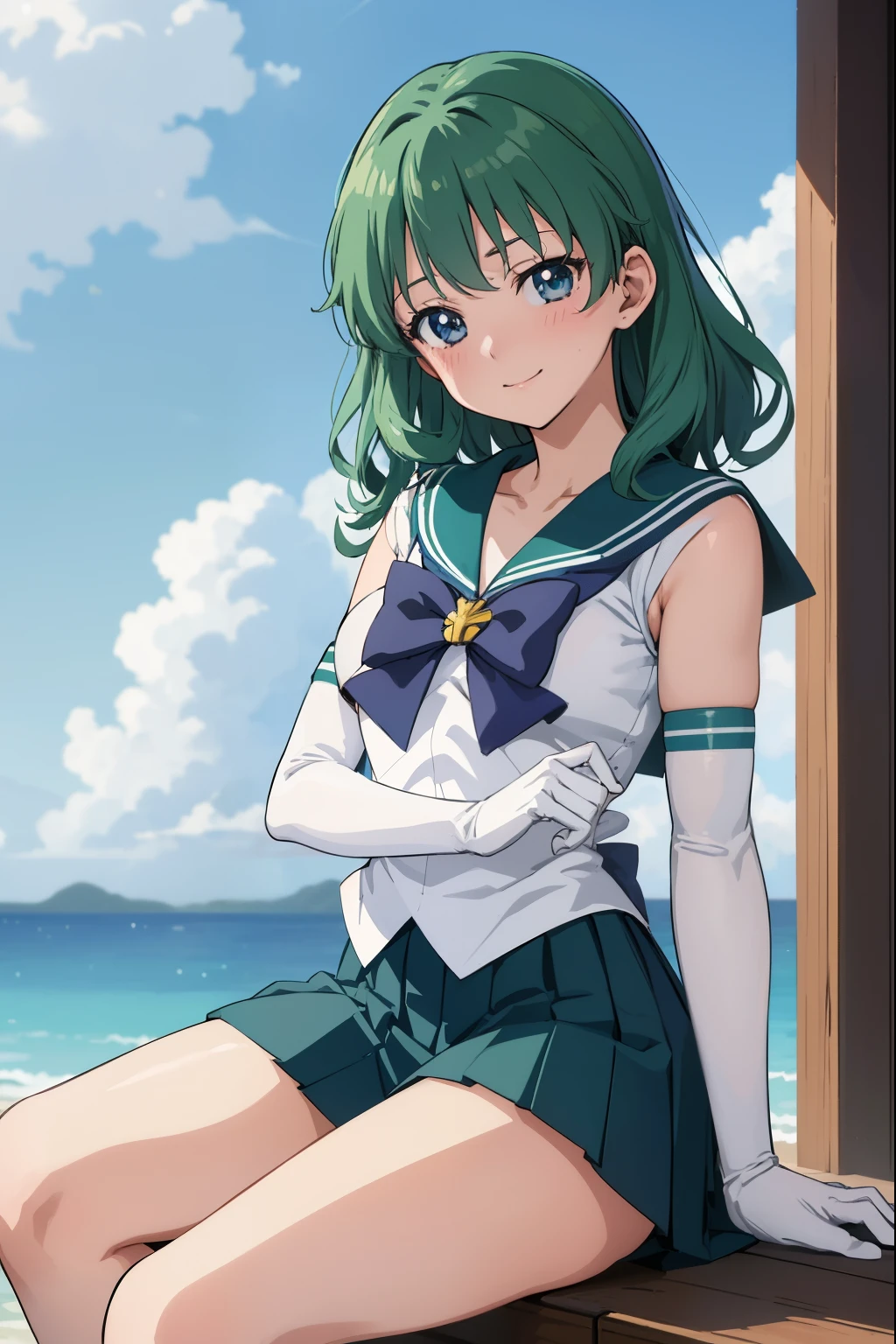 (anime:1.4), highest quality, masterpiece,Cowboy Shot,spread legs、show white panties,
One girl, Sailor Neptune, Mature Woman, Old age,Medium chest, Aqua Eye, Dark green hair, Medium Hair, (Sailor Warrior Uniforms:1.2), Buck Bow, White elbow gloves, Pleated skirt, View your viewers,blush, smile,Sitting