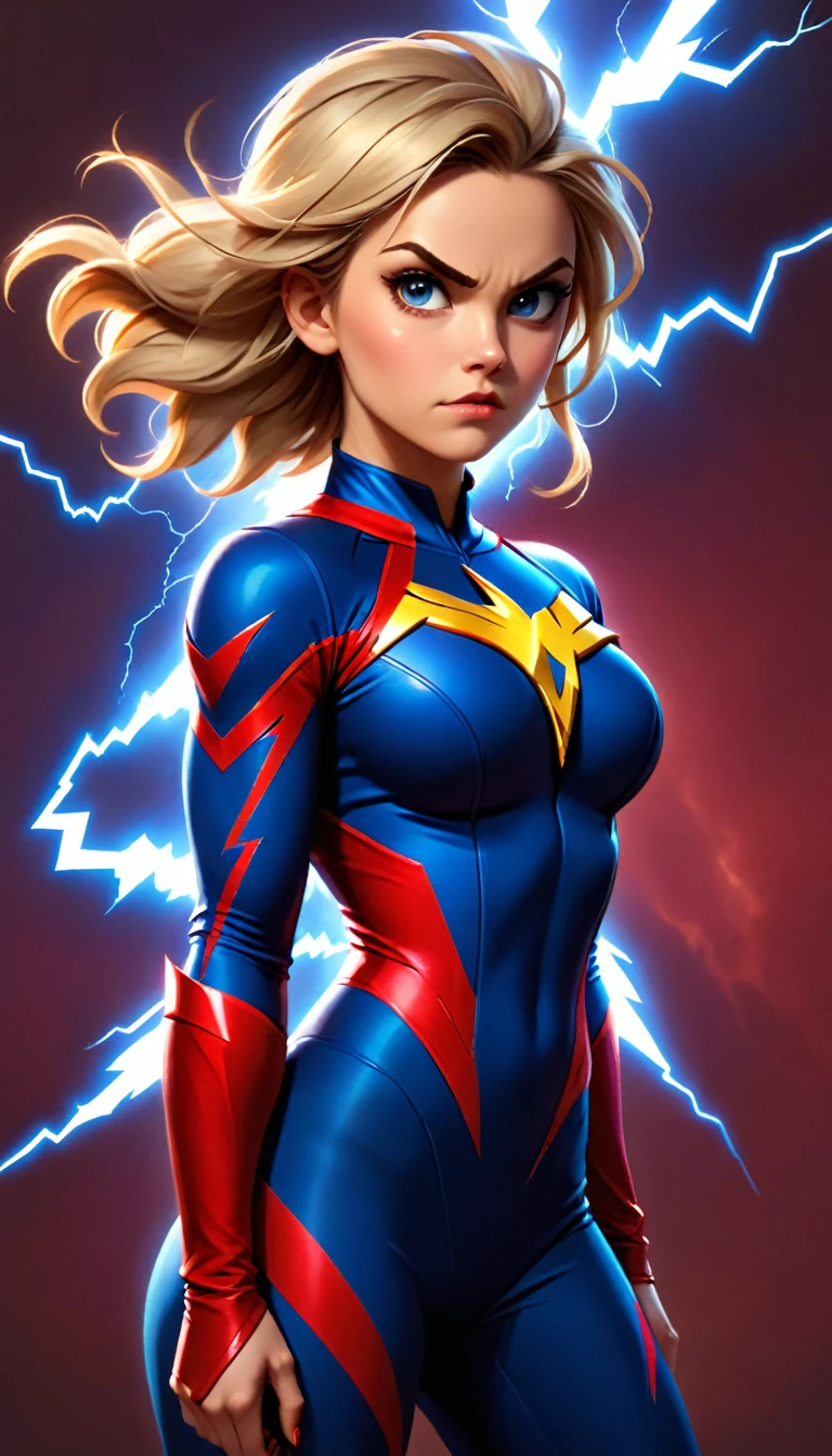 a woman with long, blond hair stands in front of a lightning-inspired background. She's dressed in a tight-fitting blue and red bodysuit with a lightning bolt symbol, suggesting that she could represent a Flash-inspired superhero, due to the specific logo and color palette of her attire. Her muscular shoulders are visible, and she has a serious expression on her face. The atmosphere of the image is charged with electric energy, complemented by lightning elements that seem to emanate from around her, contrasting with the dark brown background.