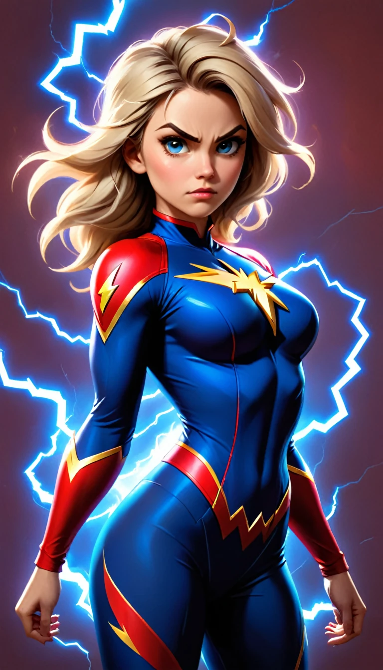 a woman with long, blond hair stands in front of a lightning-inspired background. She's dressed in a tight-fitting blue and red bodysuit with a lightning bolt symbol, suggesting that she could represent a Flash-inspired superhero, due to the specific logo and color palette of her attire. Her muscular shoulders are visible, and she has a serious expression on her face. The atmosphere of the image is charged with electric energy, complemented by lightning elements that seem to emanate from around her, contrasting with the dark brown background.