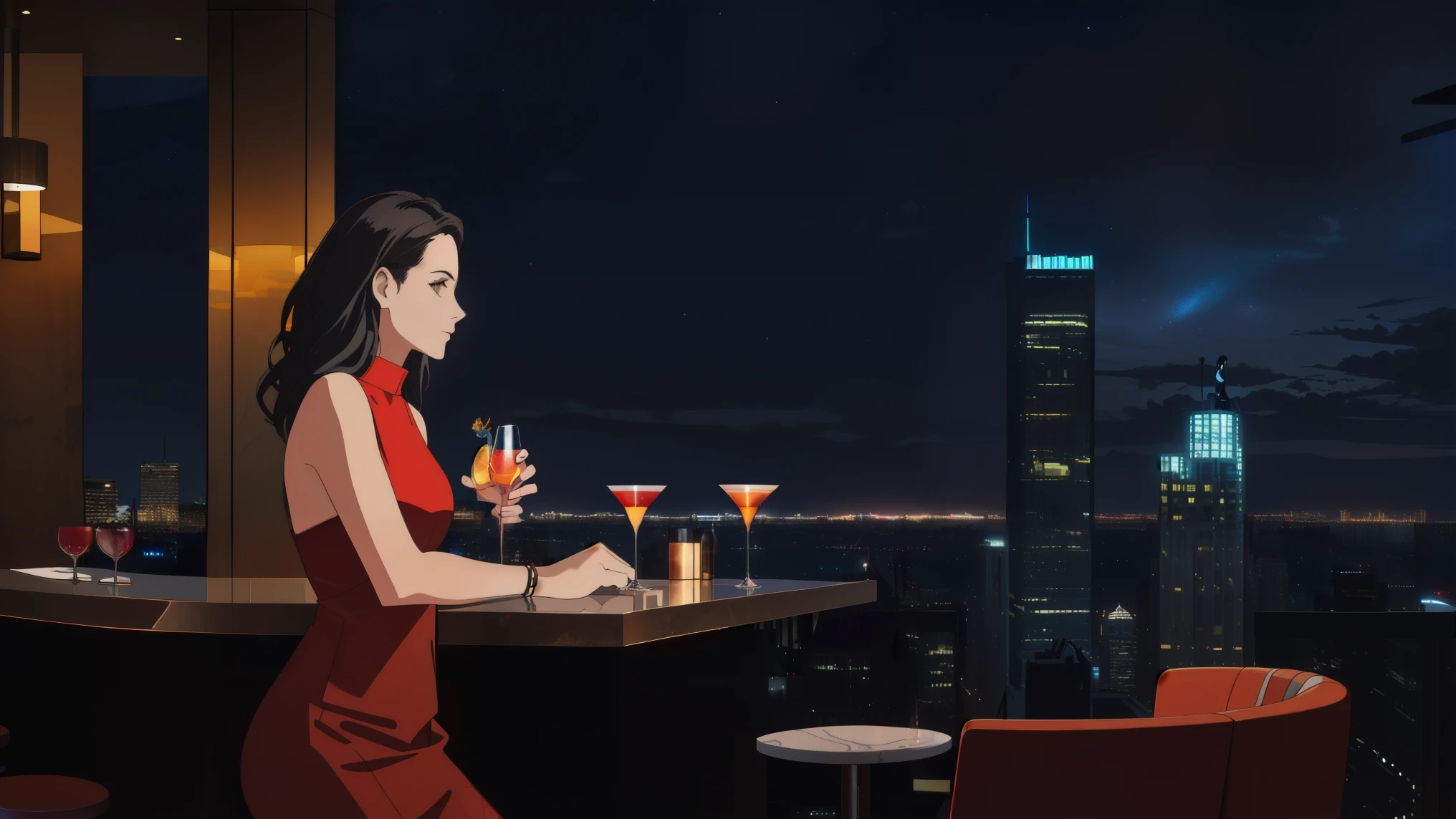 (RAW Photos, highest quality), One woman, Night Sky,sitting at the hotel bar,Perfect spot lighting,Cocktail in one hand,Looking at the skyscrapers