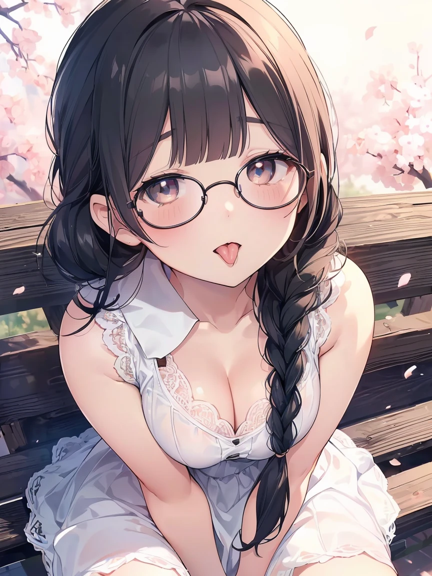 Very detailed, highest quality, High resolution, Moe Anime, ((Cute girl with black hair and droopy eyes)), ((Wearing large round glasses:1.4)), (Baby Face), Cute eyes, Detailed eye depiction, Sparkle in the eyes, View your viewers, Pale skin, (Big eyes:1.4, Droopy eyes:1.4, Fatty face:1.4), smile, Focus on the face, In the park with cherry blossoms falling, Sitting, (Extreme close up of tongue), (((From above))), Open your mouth, (((Face only:1.3))), ((white lace sleeveless dress)), Bright Eyes, Light from the front, (Put your hands between your legs:1.4), large and long tongue, Cleavage, Braided hairstyle
