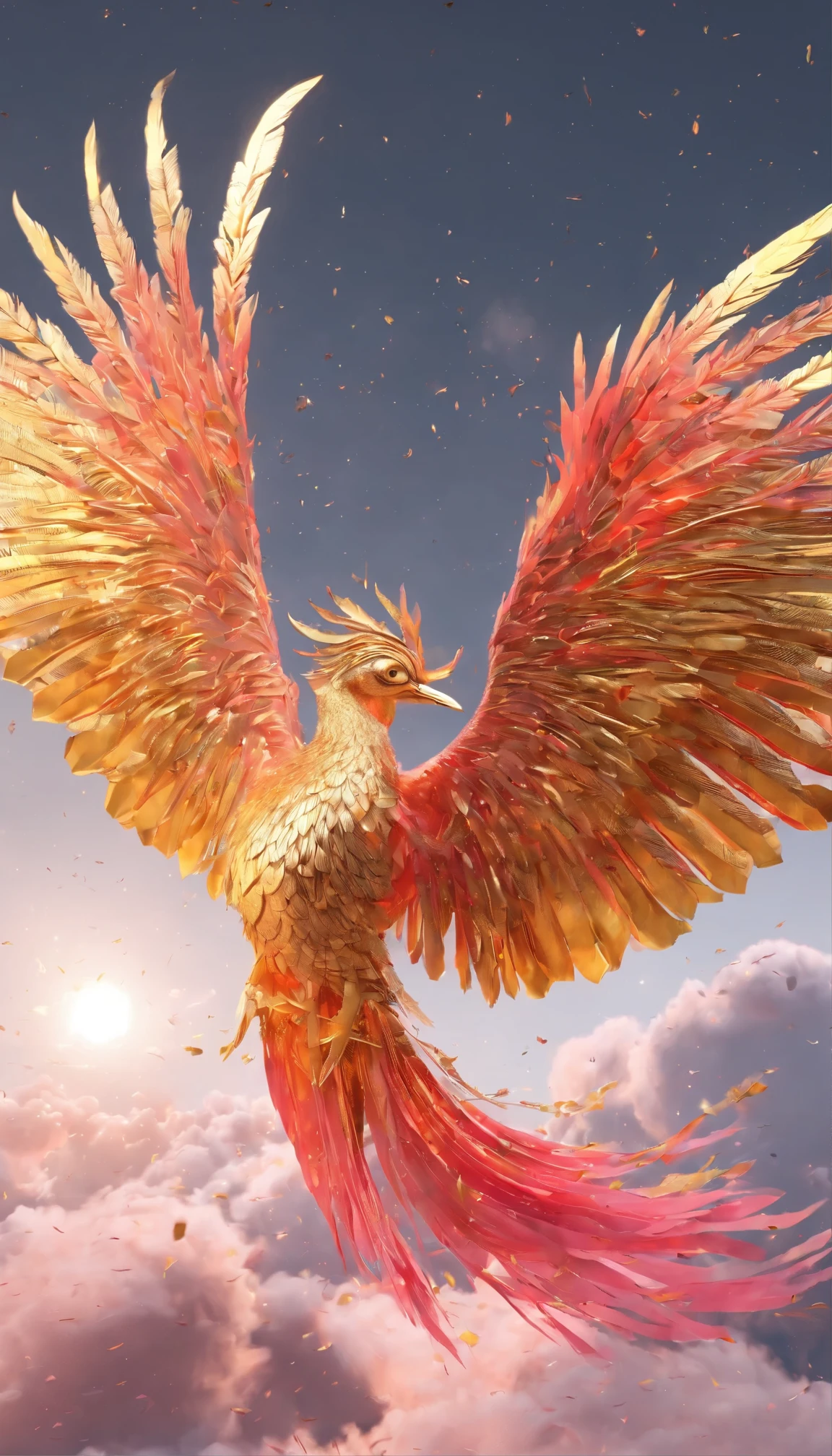 masterpiece、highest quality、8K、Close-up of a bird flying in the sky with clouds, very beautiful、moon、Galaxy、Crane artwork, The Rise of the Crane, Fairy tale、Pink、gold、god話、恋のgod様、universe、Explosion of light、Glowing effect、god、 Phoenix in the fire, god話上の生き物, Ju Lian, god秘的な鳥, flying