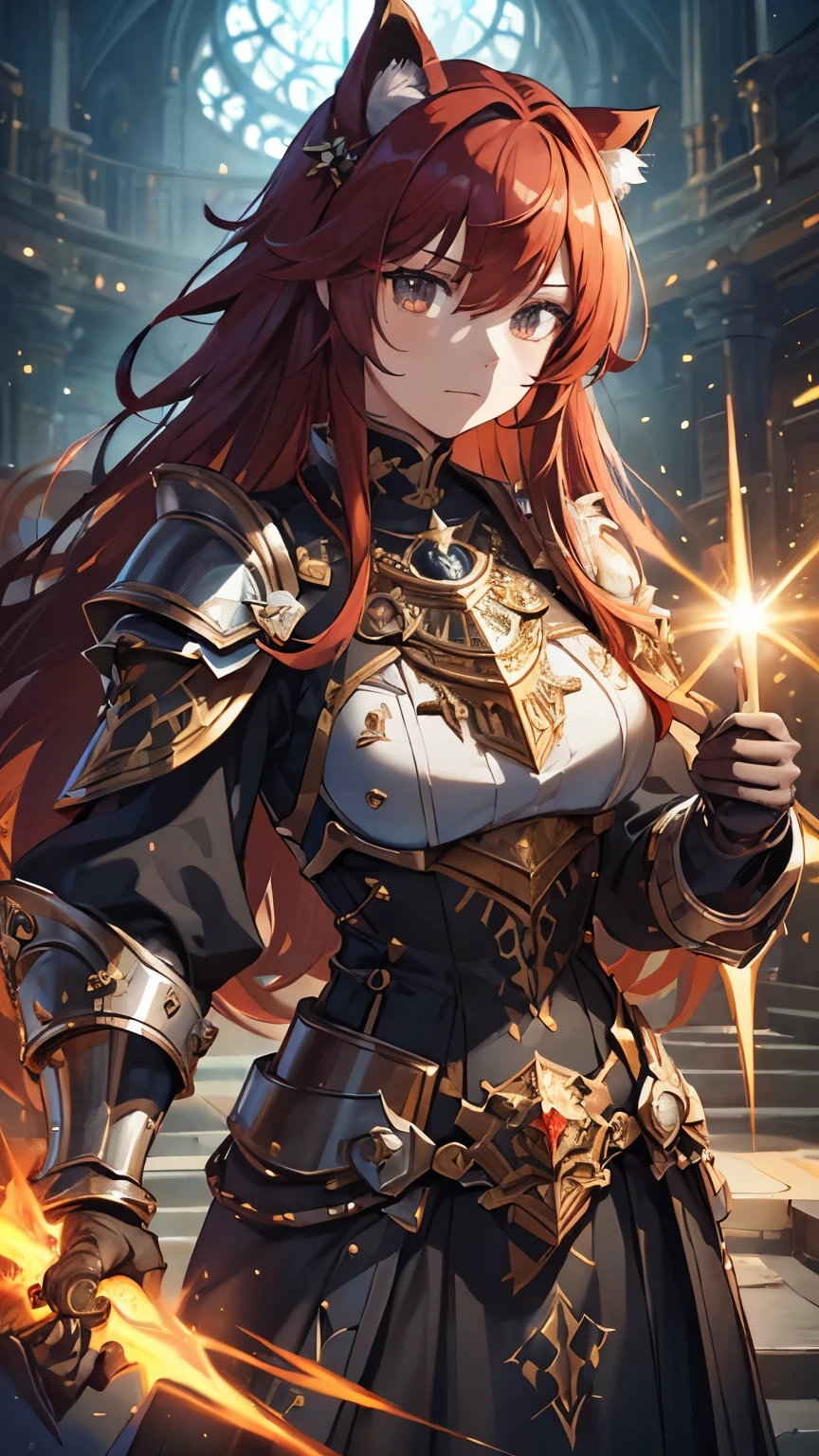 ((best quality)), ((masterpiece)), (detailed), perfect face, ((Best quality, 8k, Masterpiece: 1.3)), Highly detailed face and skin texture, Detailed eyes, Double eyelid, red hair, gradient hair, floating hair, hair over eyes, raccoon ears, Sharp focus A beautiful woman with perfect body, Slim abdomen, Steel armor, (jet black magic sword), veteran knight, black armor trimmed with gold thread